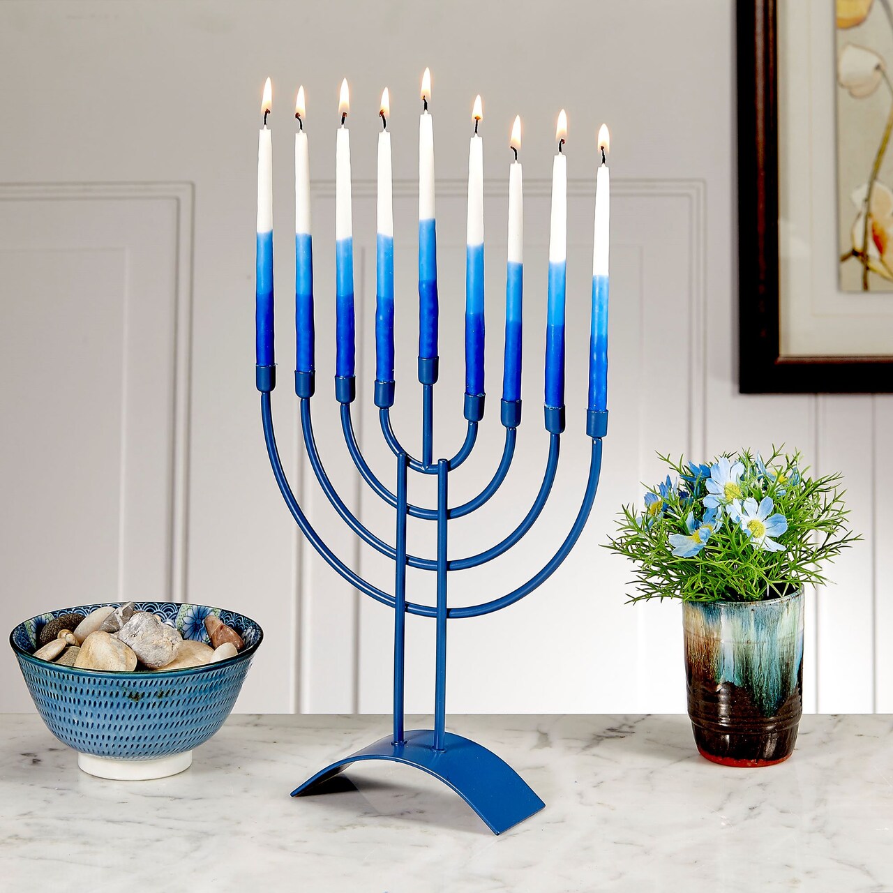 Rite Lite Traditional Steel Hanukkah Menorah - 8.75" - Slate Blue Finish
